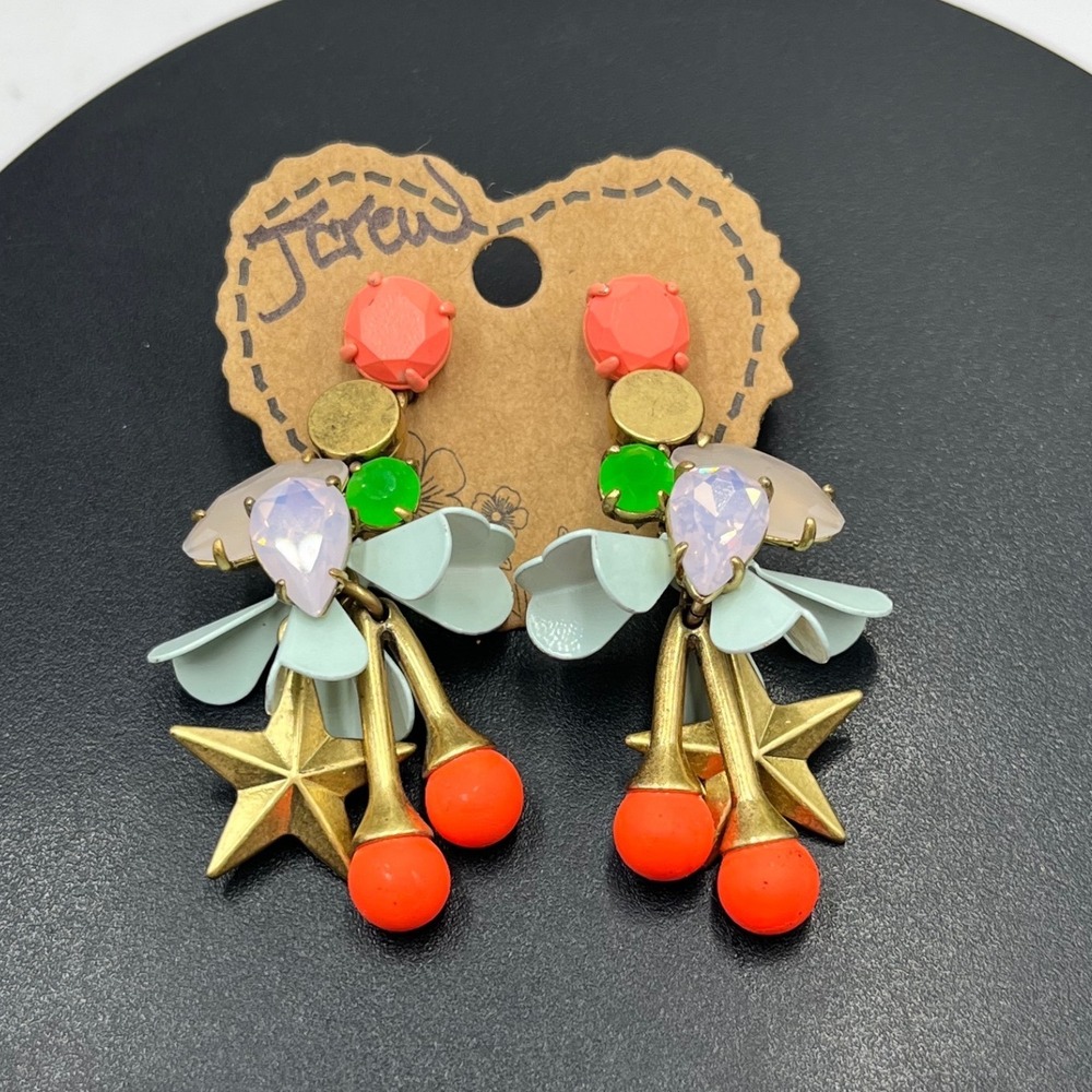 J. Crew Midsummer Neon Orange Balls Blue Flowers Gold Stars Dangle Earrings